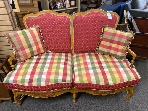 Wood Settee with Red Cushions