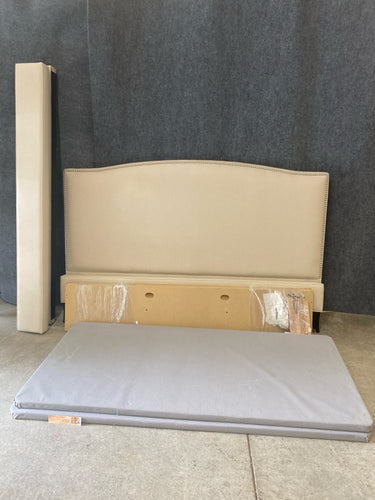 Beige Upholstered King Size Bed Frame With Nailhead Trim