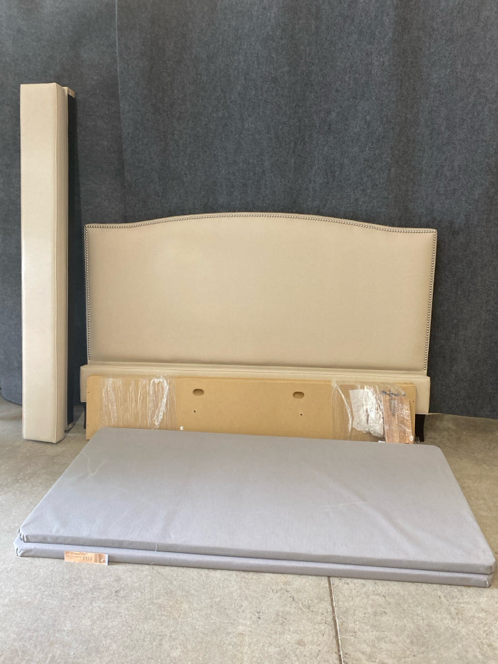 Beige Upholstered King Size Bed Frame With Nailhead Trim