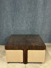 Load image into Gallery viewer, Henredon Macassar Ebony Starburst Cocktail Table With Rolling Ottomans/Stools