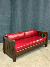 Load image into Gallery viewer, Stickley Quarter-Sawn Oak Mission Style Sofa, Red Leather Cushions
