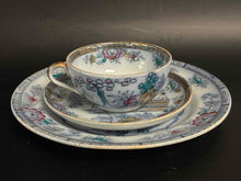 Load image into Gallery viewer, Porcelain Blue Print 3 Piece Vintage Floral Cup + Saucer