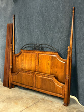 Load image into Gallery viewer, King Size Oak Poster Bed with Wrought Iron Headboard Accent