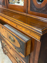 Load image into Gallery viewer, Antique Carved Walnut Secretary Chest With Leaded Mirror Panels