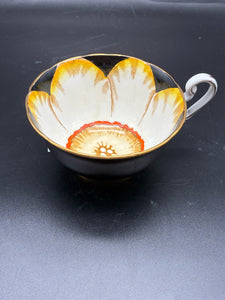 Bone China Gold Trim Black 2 Piece Floral Cup + Saucer