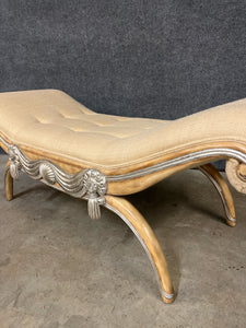 French Modern Bleached & Silverleaf Curule Upholstered Bench