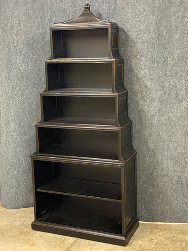 Black Distressed Tiered Pagoda-Top Bookcase