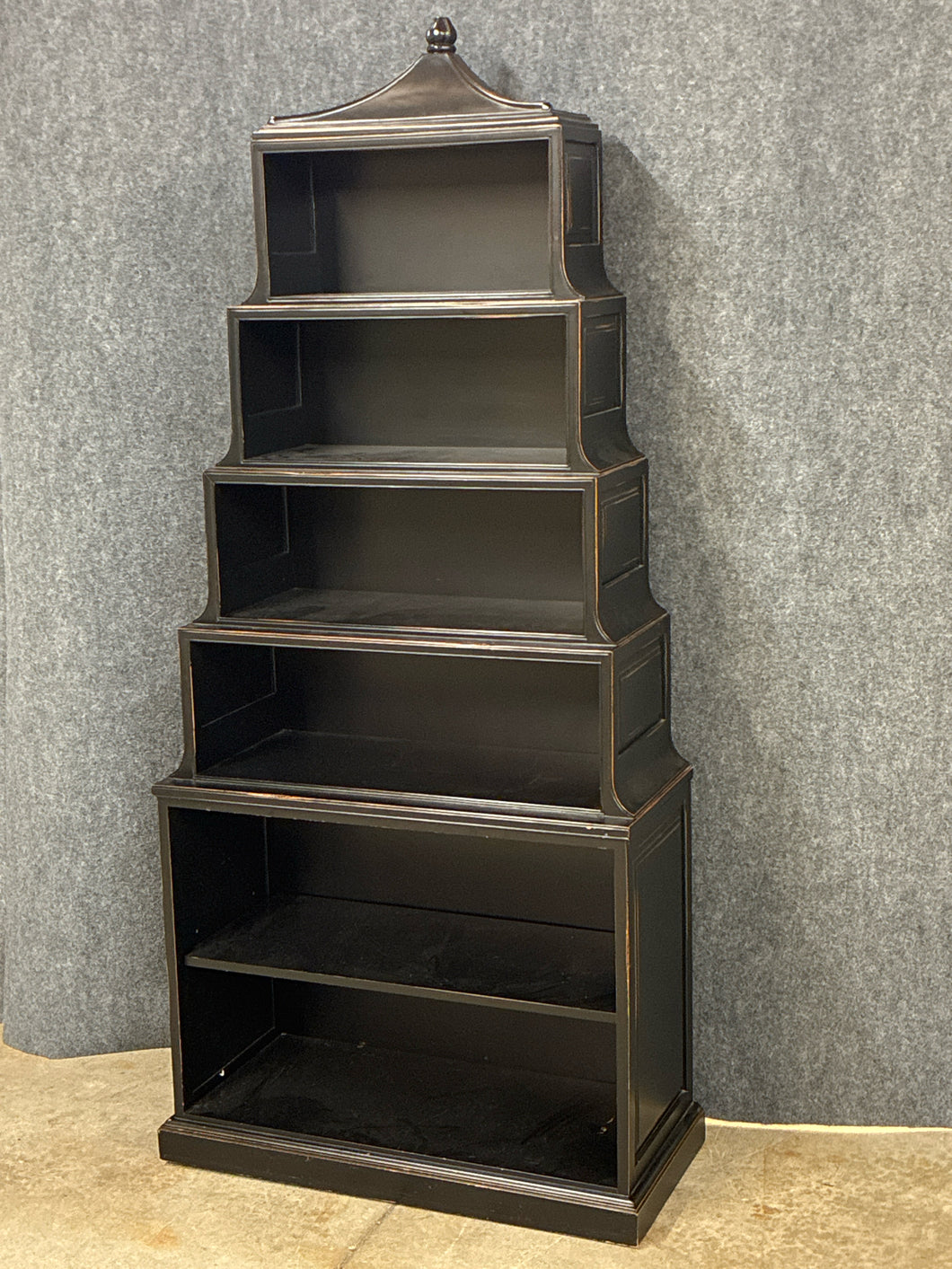 Black Distressed Tiered Pagoda-Top Bookcase
