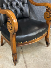 Load image into Gallery viewer, Empire Revival Carved Wood &amp; Black Tufted Back Leather Armchair