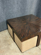 Load image into Gallery viewer, Henredon Macassar Ebony Starburst Cocktail Table With Rolling Ottomans/Stools