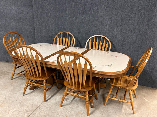Oak Tile Top Dining Table With Butterfly Leaf and 6 Windsor Chairs