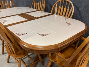 Oak Tile Top Dining Table With Butterfly Leaf and 6 Windsor Chairs