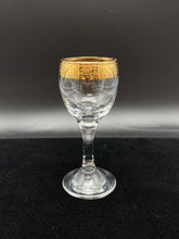Load image into Gallery viewer, Set of 3 Gold Rimmed Crystal Cordial Glasses