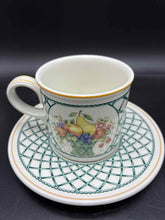 Load image into Gallery viewer, Villeroy &amp; Boch Basket Porcelain Green Trim White Print 22 Piece Cup + Saucer