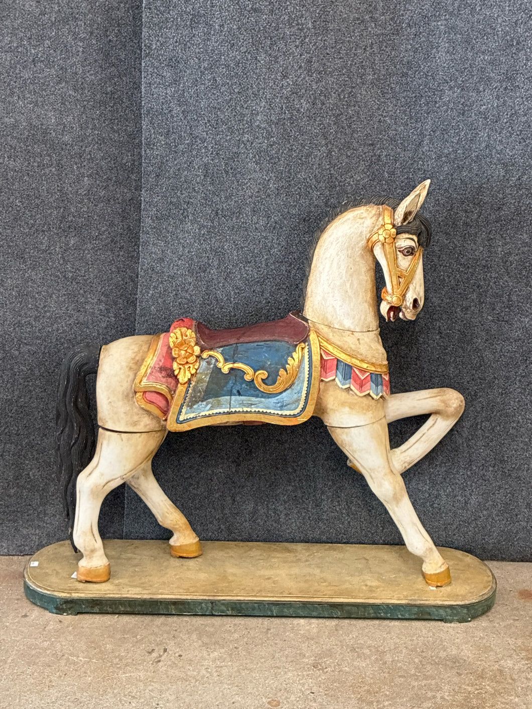 Hand-Carved Painted Carousel-Style Horse on Base