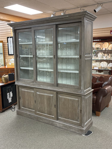Large Distressed Grey Lighted Display Cabinet