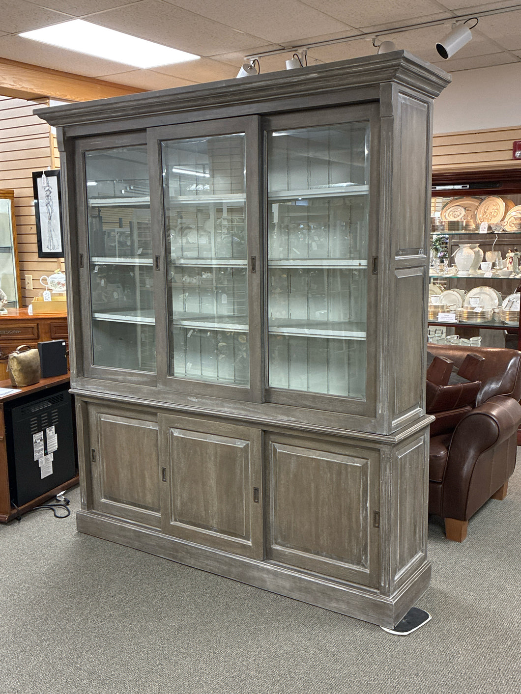 Large Distressed Grey Lighted Display Cabinet