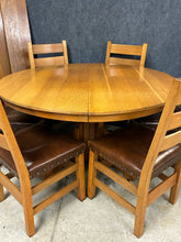 Load image into Gallery viewer, Stickley Mission Oak Round Extension Dining Table with 6 Chairs &amp; 3 Leaves