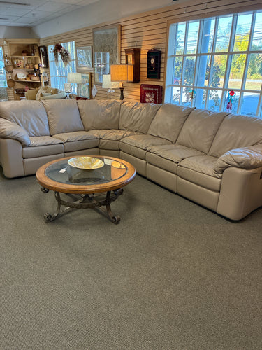 Beige Leather Reclining Sectional Sofa