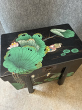 Load image into Gallery viewer, Vintage Chinese Black Chest with Painted Lotus Blossoms and Water Fowl Storage C